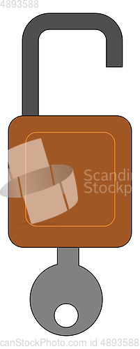 Image of Brown color open lock with grey color key, black loop, vector or