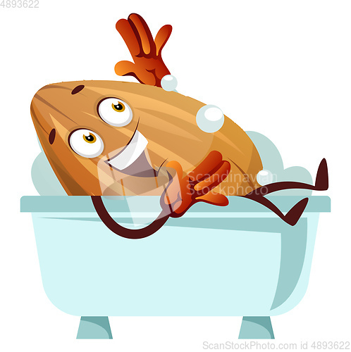 Image of Almond laying in a blue bathtub, illustration, vector on white b