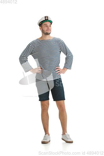 Image of Caucasian male sailor in uniform isolated on white studio background