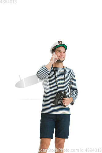 Image of Caucasian male sailor in uniform isolated on white studio background