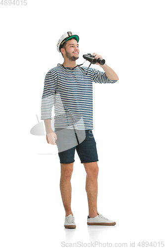 Image of Caucasian male sailor in uniform isolated on white studio background