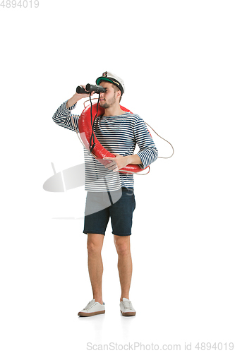 Image of Caucasian male sailor in uniform isolated on white studio background