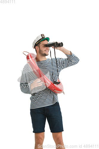 Image of Caucasian male sailor in uniform isolated on white studio background