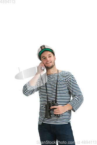 Image of Caucasian male sailor in uniform isolated on white studio background