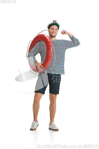 Image of Caucasian male sailor in uniform isolated on white studio background