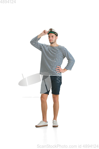 Image of Caucasian male sailor in uniform isolated on white studio background