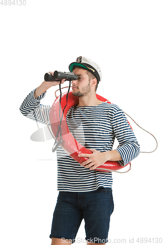 Image of Caucasian male sailor in uniform isolated on white studio background