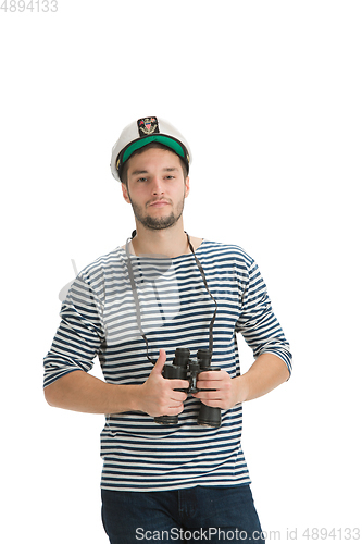 Image of Caucasian male sailor in uniform isolated on white studio background