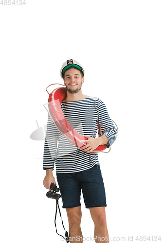 Image of Caucasian male sailor in uniform isolated on white studio background