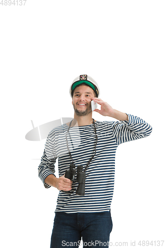 Image of Caucasian male sailor in uniform isolated on white studio background