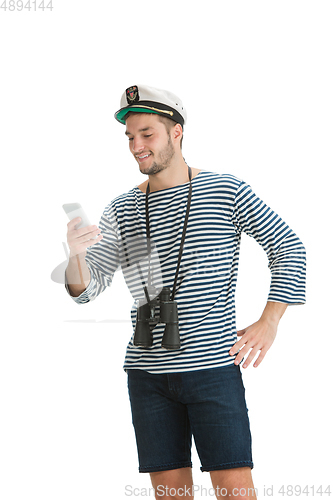 Image of Caucasian male sailor in uniform isolated on white studio background