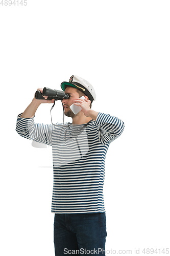 Image of Caucasian male sailor in uniform isolated on white studio background