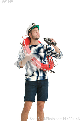 Image of Caucasian male sailor in uniform isolated on white studio background