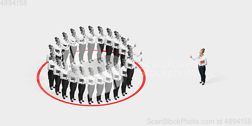 Image of Studio shot of people demonstrating social distancing with arrows indicating the separation.