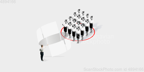 Image of Studio shot of people demonstrating social distancing with arrows indicating the separation.