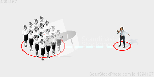 Image of Studio shot of people demonstrating social distancing with arrows indicating the separation.