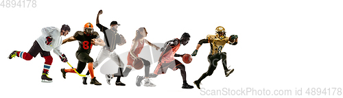 Image of Sport collage of professional athletes or players isolated on white background, flyer