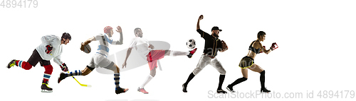 Image of Sport collage of professional athletes or players isolated on white background, flyer