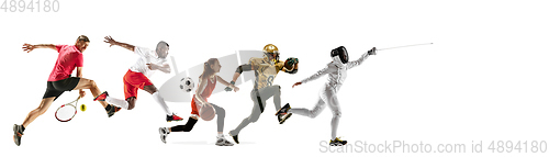 Image of Sport collage of professional athletes or players isolated on white background, flyer