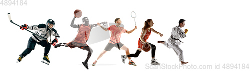 Image of Sport collage of professional athletes or players isolated on white background, flyer