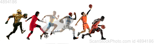 Image of Sport collage of professional athletes or players isolated on white background, flyer