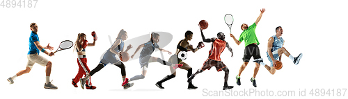 Image of Sport collage of professional athletes or players isolated on white background, flyer