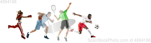 Image of Sport collage of professional athletes or players isolated on white background, flyer