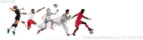 Image of Sport collage of professional athletes or players isolated on white background, flyer