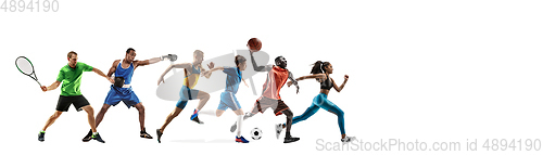 Image of Sport collage of professional athletes or players isolated on white background, flyer