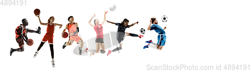 Image of Sport collage of professional athletes or players isolated on white background, flyer