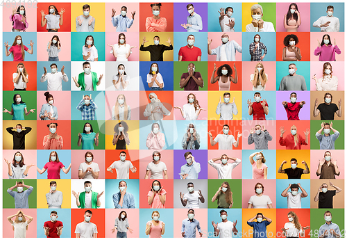 Image of The collage of surprised people wearing protective face masks on multicolored background