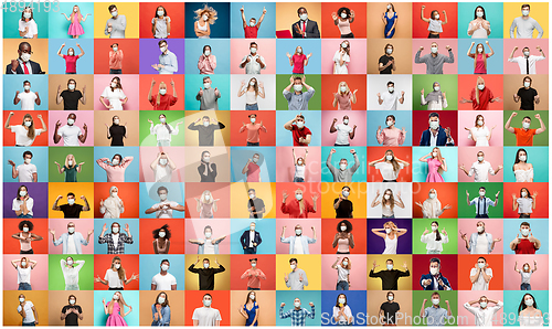 Image of The collage of surprised people wearing protective face masks on multicolored background