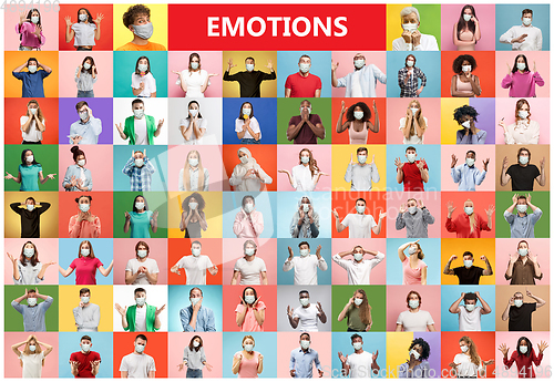 Image of The collage of surprised people wearing protective face masks on multicolored background