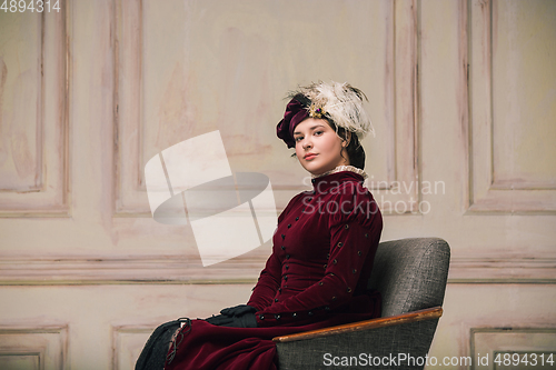 Image of Modern trendy look of Portrait of an Unknown Woman. Retro style, comparison of eras concept.