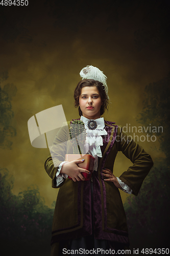 Image of Modern trendy look, portrait of renaissance period beautiful woman. Retro style, comparison of eras concept.