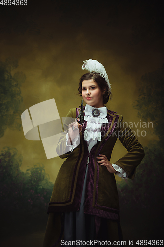 Image of Modern trendy look, portrait of renaissance period beautiful woman. Retro style, comparison of eras concept.