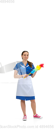 Image of Portrait of female made, cleaning worker in white and blue uniform isolated over white background