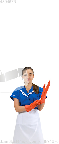 Image of Portrait of female made, cleaning worker in white and blue uniform isolated over white background