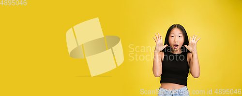 Image of Portrait of young asian girl isolated on yellow studio background