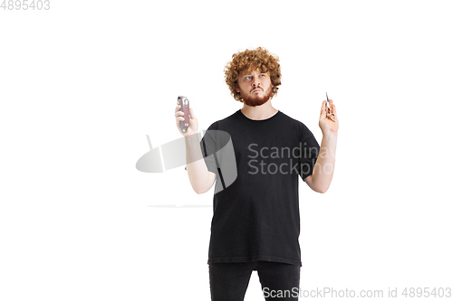 Image of Stylish hairdresser, barber isolated on white studio background