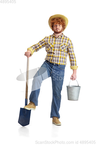 Image of Handsome farmer, rancher isolated over white studio background