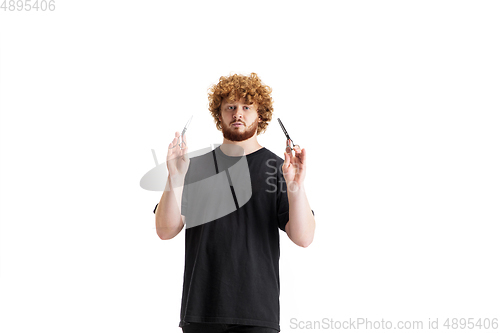 Image of Stylish hairdresser, barber isolated on white studio background