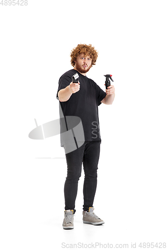 Image of Stylish hairdresser, barber isolated on white studio background