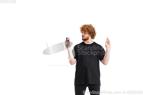 Image of Stylish hairdresser, barber isolated on white studio background