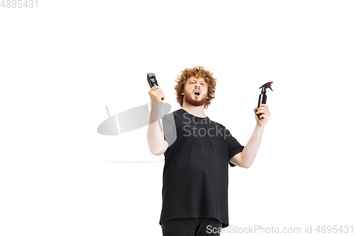 Image of Stylish hairdresser, barber isolated on white studio background