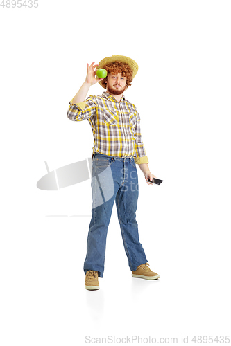 Image of Handsome farmer, rancher isolated over white studio background