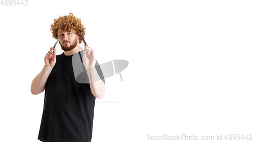 Image of Stylish hairdresser, barber isolated on white studio background