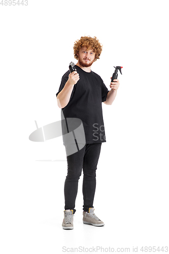 Image of Stylish hairdresser, barber isolated on white studio background