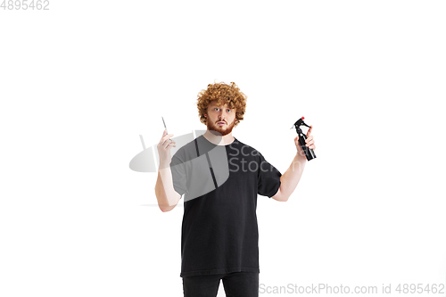 Image of Stylish hairdresser, barber isolated on white studio background