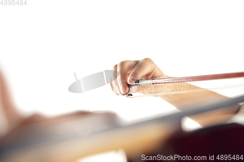 Image of Close up woman playing violin isolated on white studio background